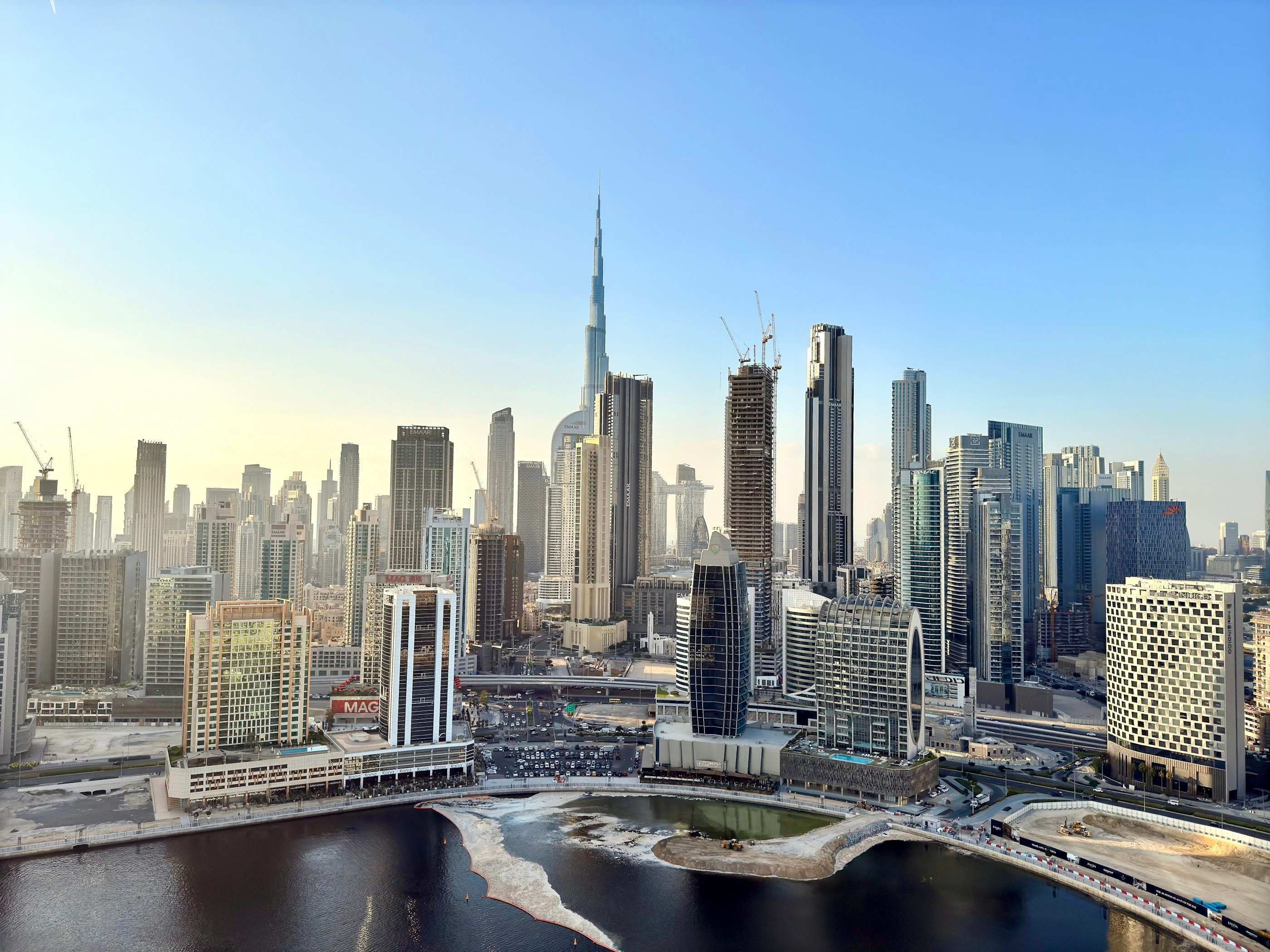 Skyline of high-rise towers under construction in Dubai's Business Bay